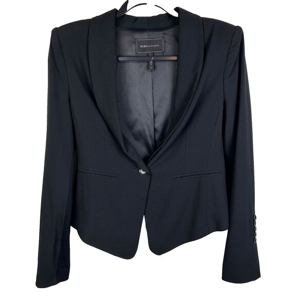 BCBGMaxazria Blazer Jacket Black Long Sleeve Button Front Career Workwear sz S - Picture 1 of 10